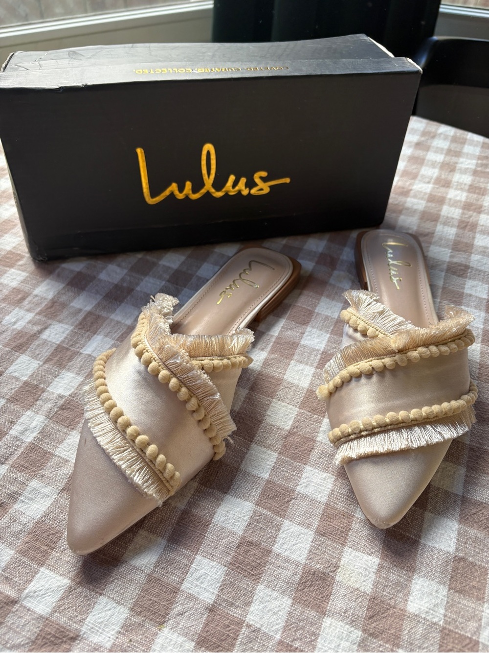 Lulu's Nude Fringe & Pom Embellished Slip-On Mules